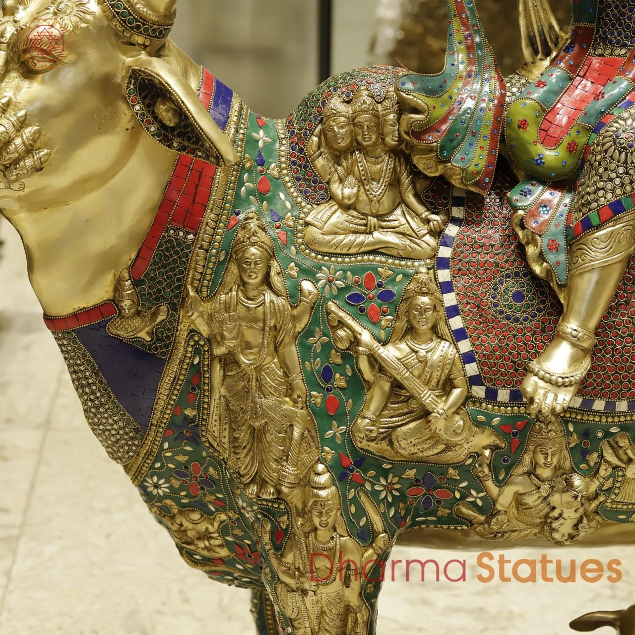 Brass Krishna Seated on Cow with Calf Universal, Fine stone work 43”