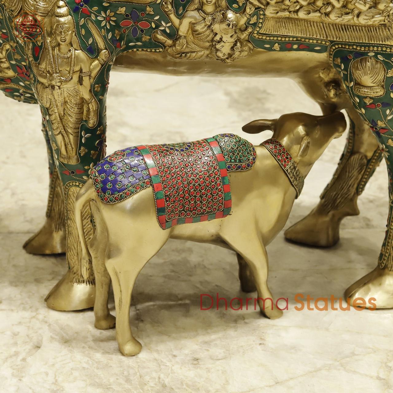 Brass Krishna Seated on Cow with Calf Universal, Fine stone work 43”