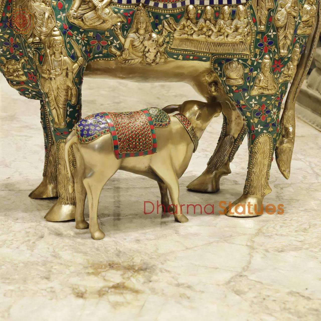 Brass Krishna Seated on Cow with Calf Universal, Fine stone work 43”