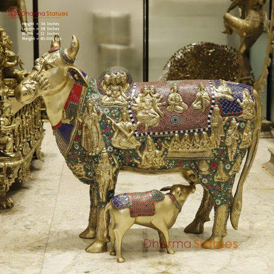 Brass Cow with Calf Universal, Fine stone work 34”