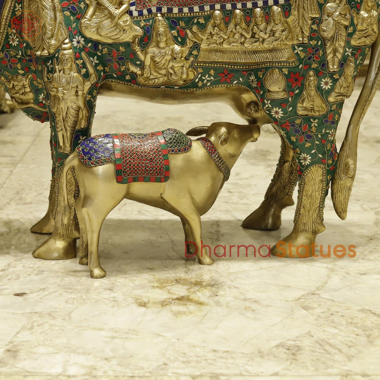 Brass Cow with Calf Universal, Fine stone work 34”