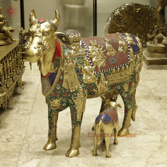 Brass Cow with Calf Universal, Fine stone work 34”