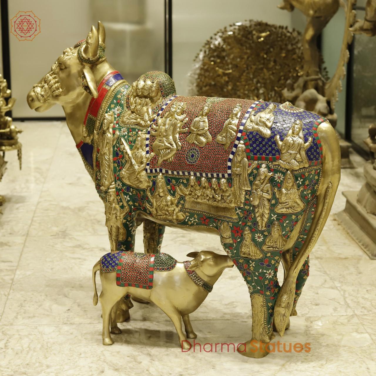 Brass Cow with Calf Universal, Fine stone work 34”