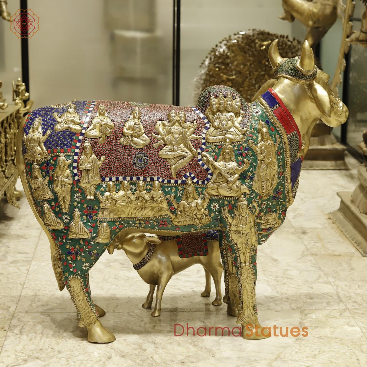 Brass Cow with Calf Universal, Fine stone work 34”