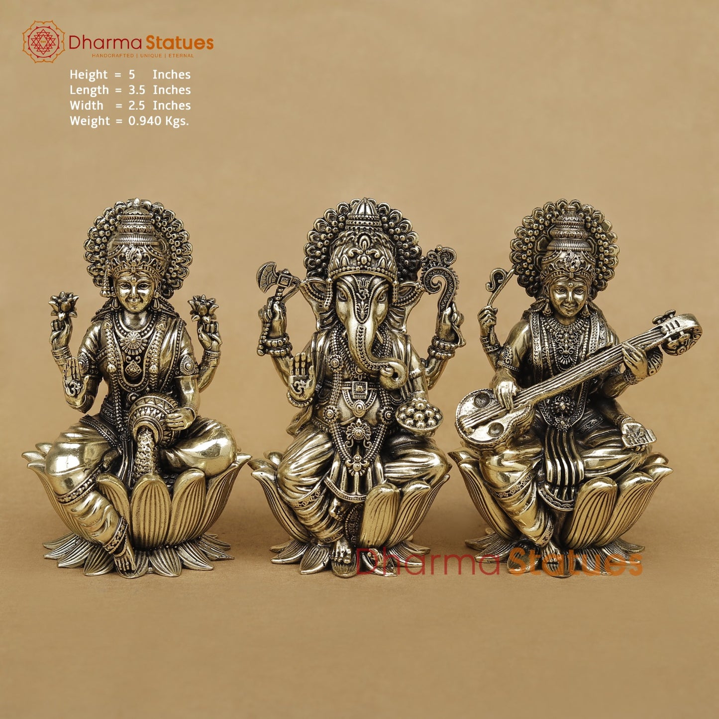 Brass Lakshmi Ganesh Saraswati seated fine 5”