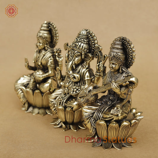 Brass Lakshmi Ganesh Saraswati seated fine 5”