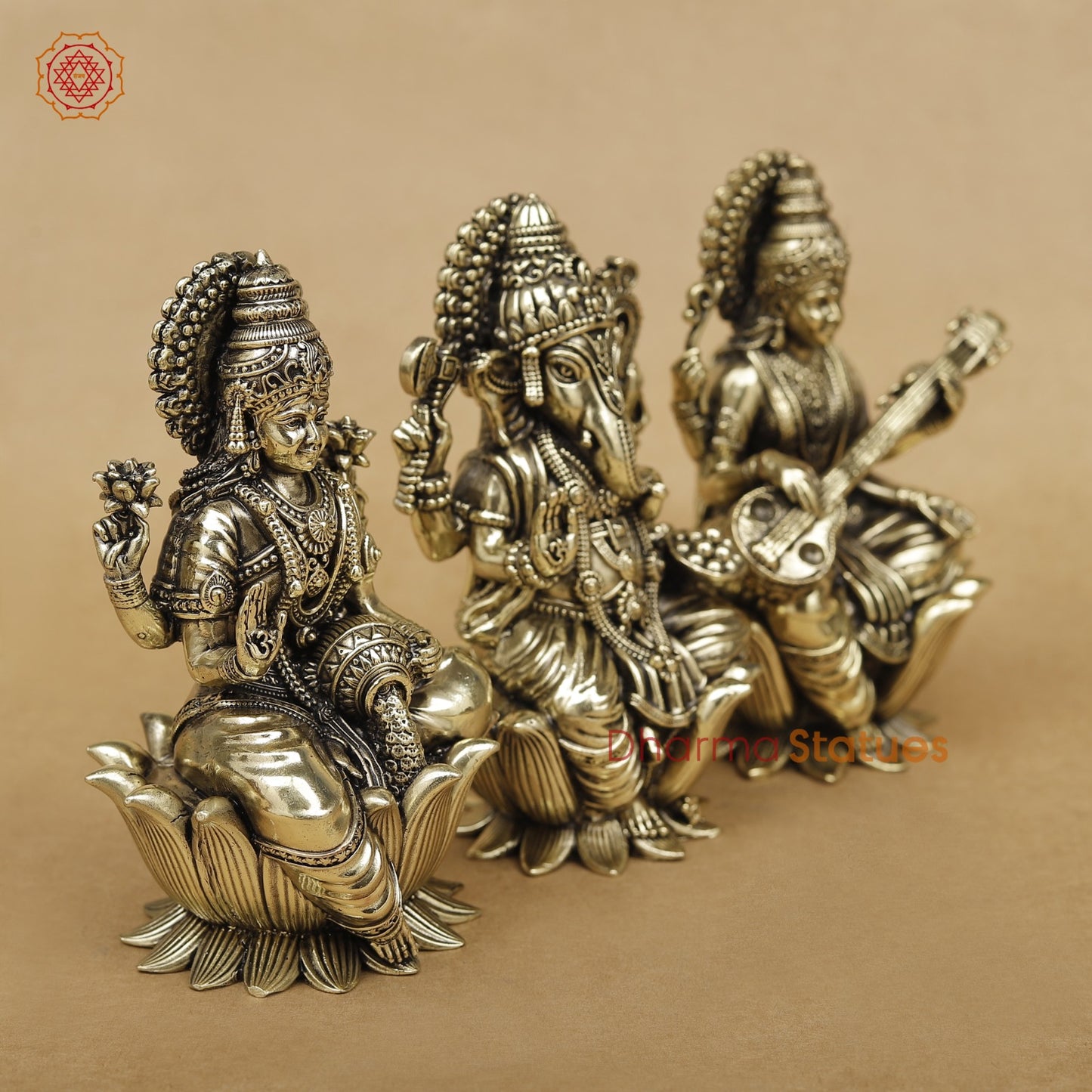 Brass Lakshmi Ganesh Saraswati seated fine 5”