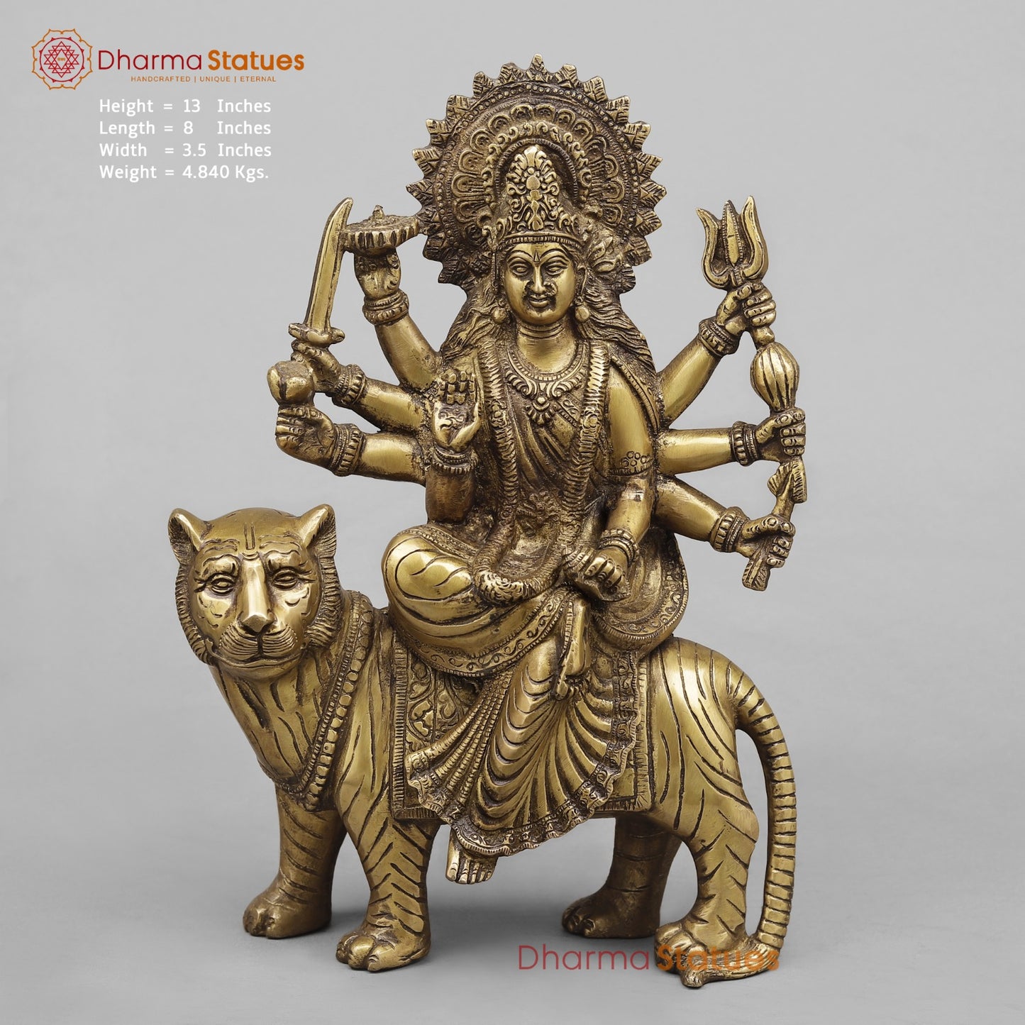 Brass Durga On Tiger, Antique Finish 13”