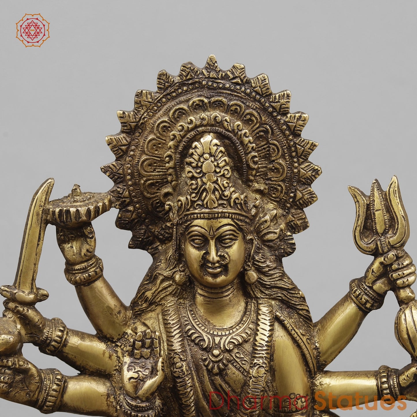 Brass Durga On Tiger, Antique Finish 13”