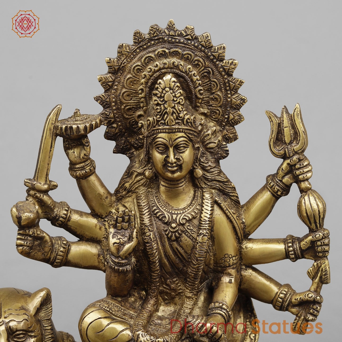 Brass Durga On Tiger, Antique Finish 13”