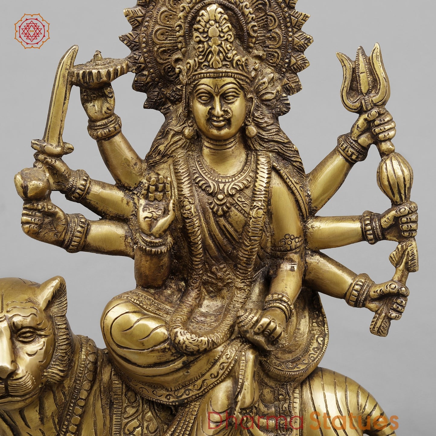 Brass Durga On Tiger, Antique Finish 13”