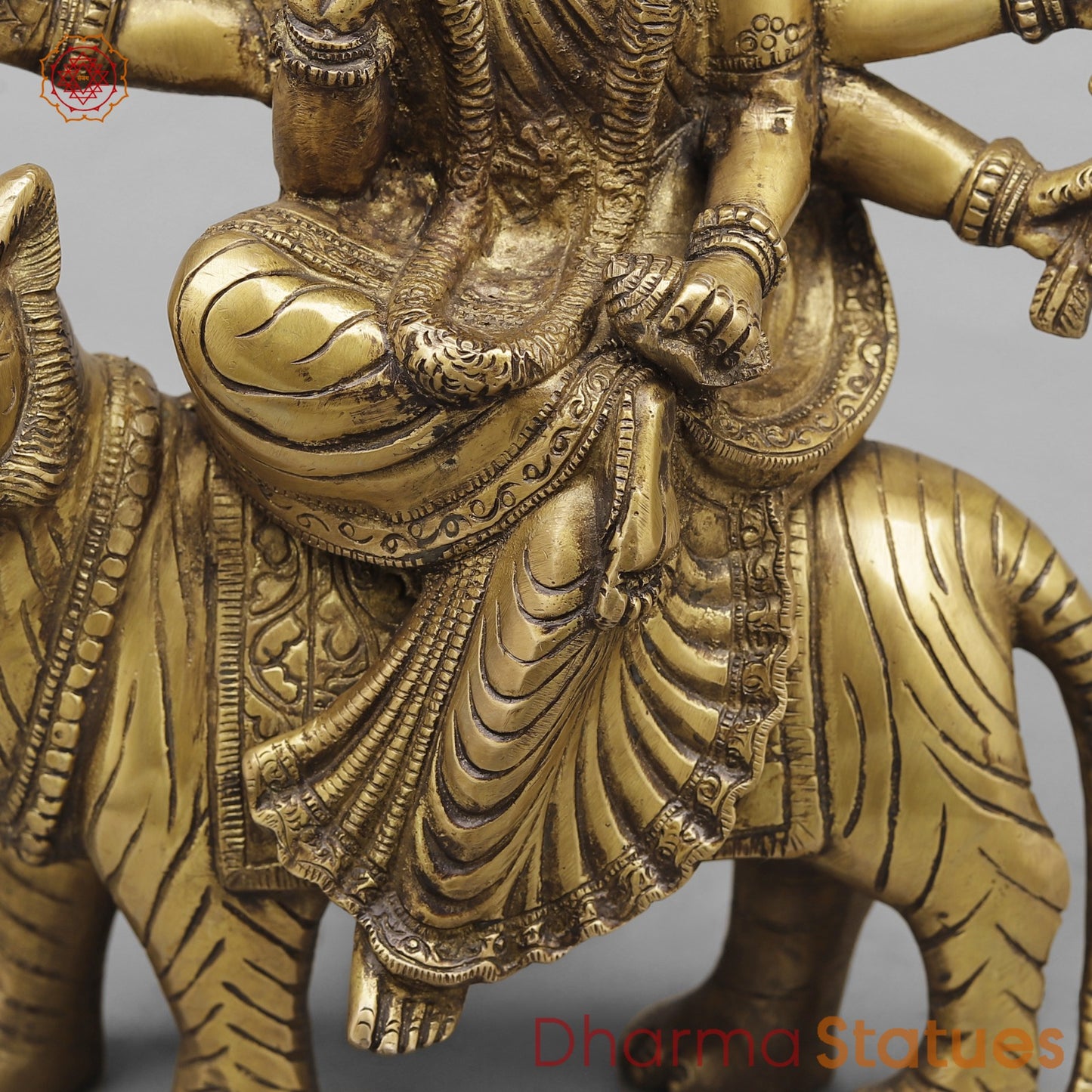 Brass Durga On Tiger, Antique Finish 13”