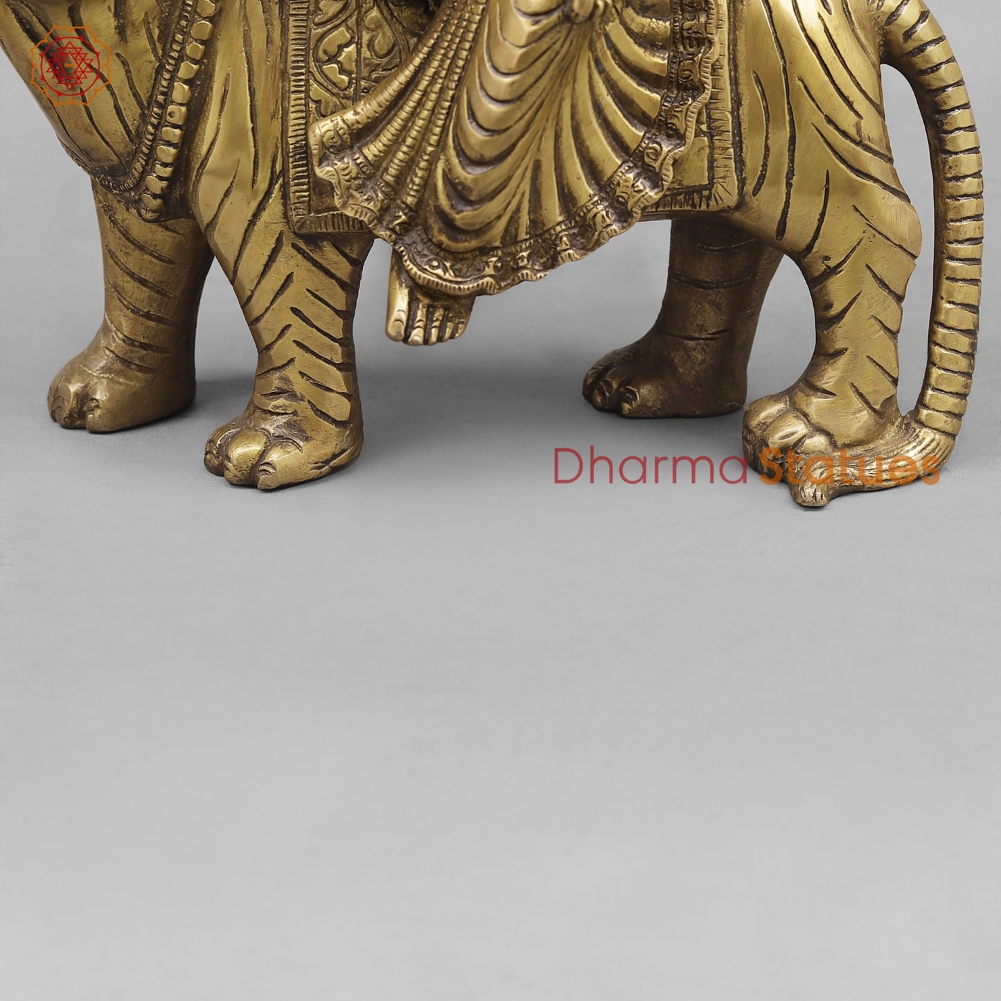 Brass Durga On Tiger, Antique Finish 13”