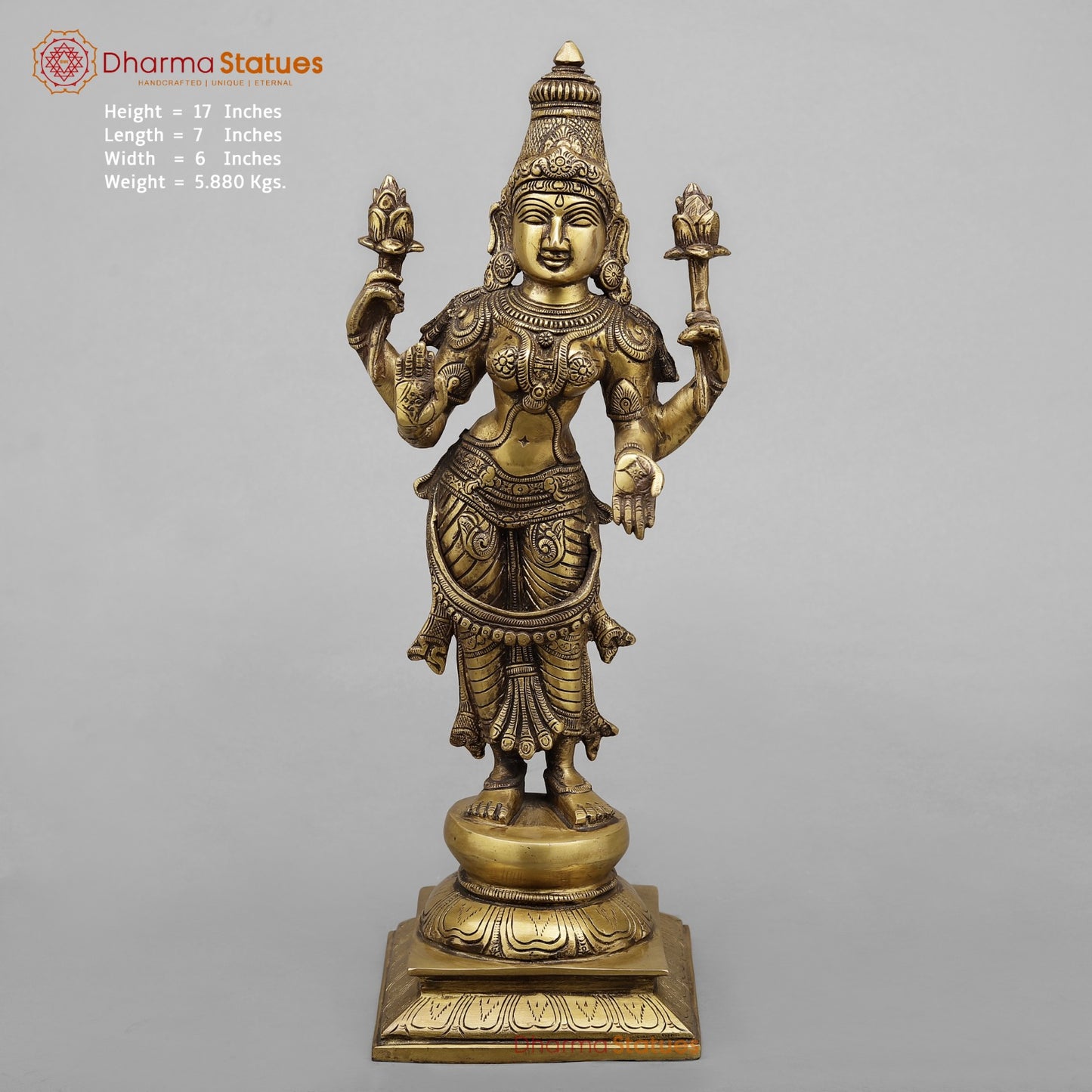 Brass Lakshmi Standing Fine, Antique Finish 17”