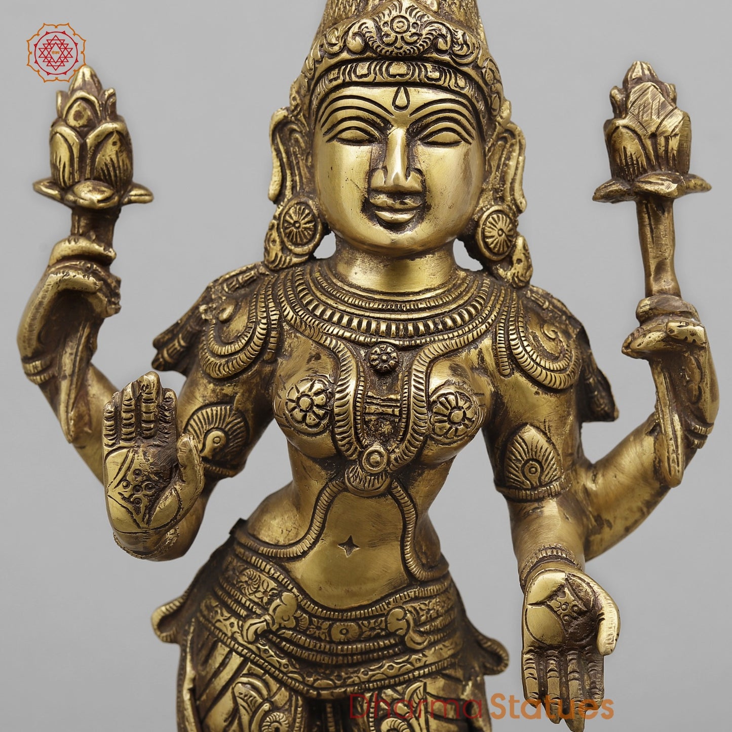 Brass Lakshmi Standing Fine, Antique Finish 17”