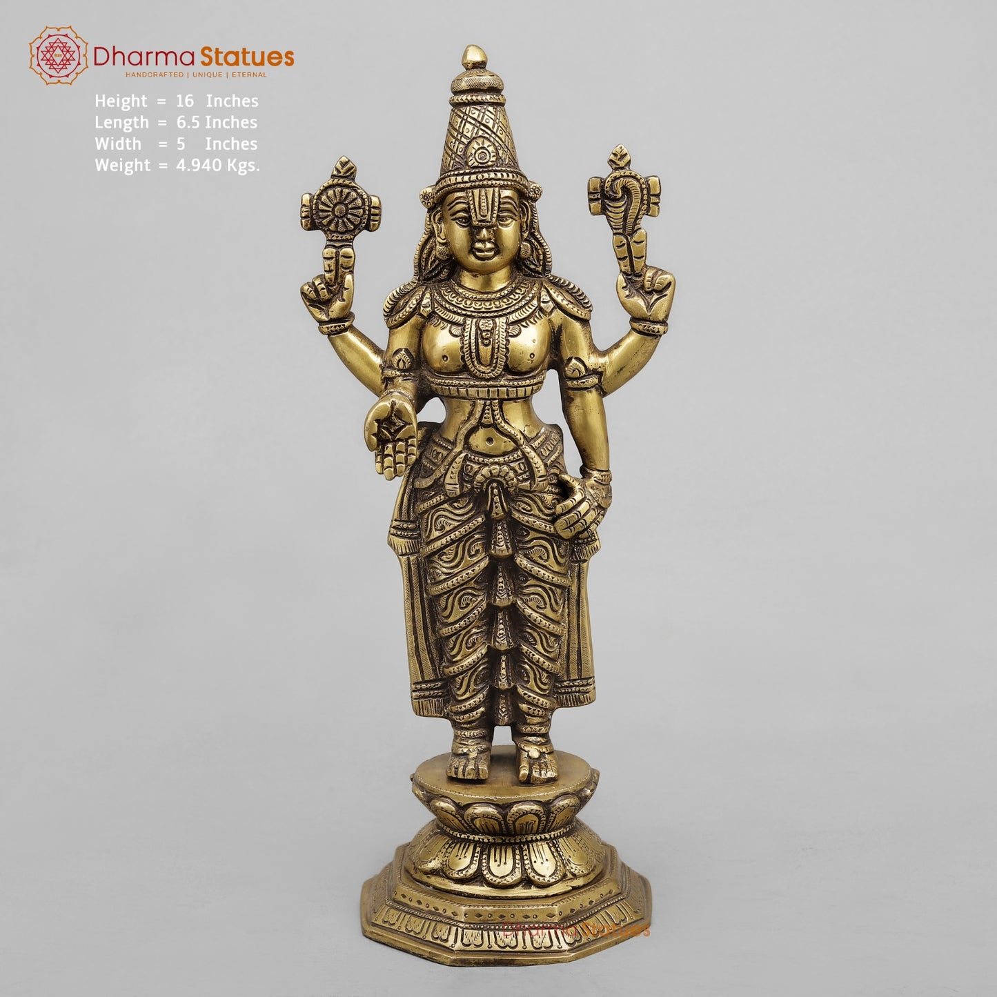Brass Tirupati Balaji Standing, Antique Finish 16”