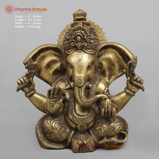 Brass Ganesh with Long Ears, Antique Finish 9”