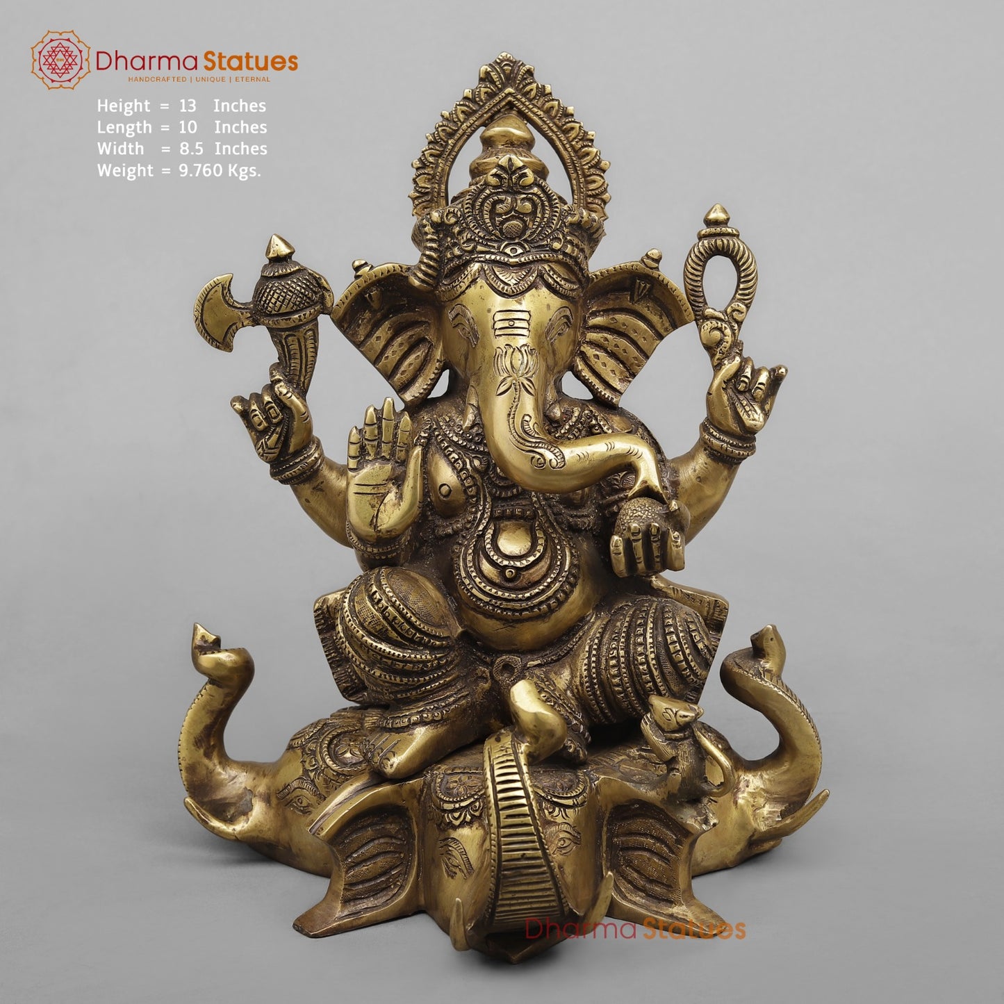 Brass Ganesh Seated on Elephants Fine, Antique Finish 13”