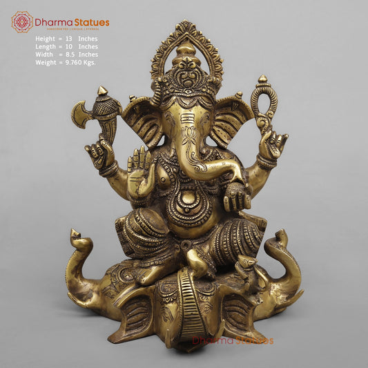 Brass Ganesh Seated on Elephants Fine, Antique Finish 13”