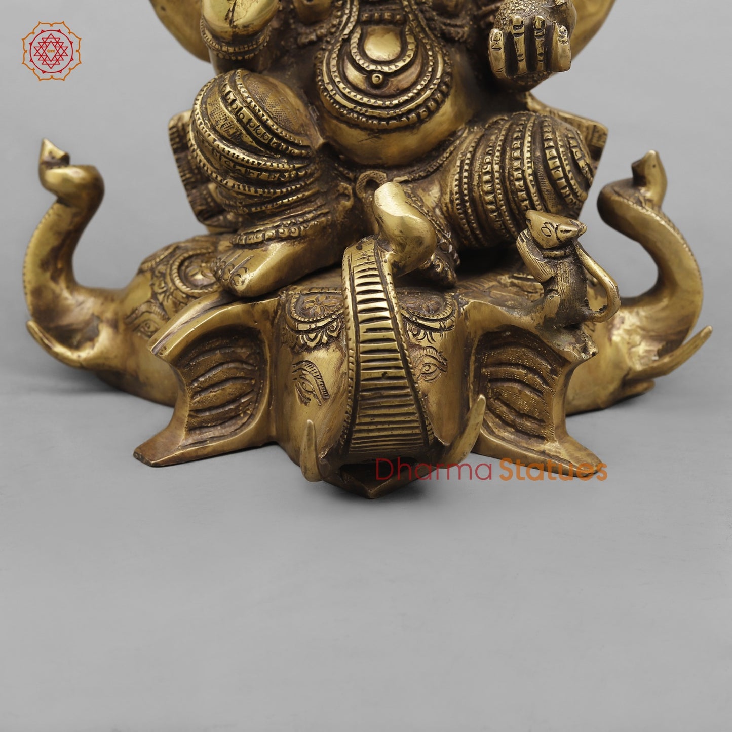 Brass Ganesh Seated on Elephants Fine, Antique Finish 13”