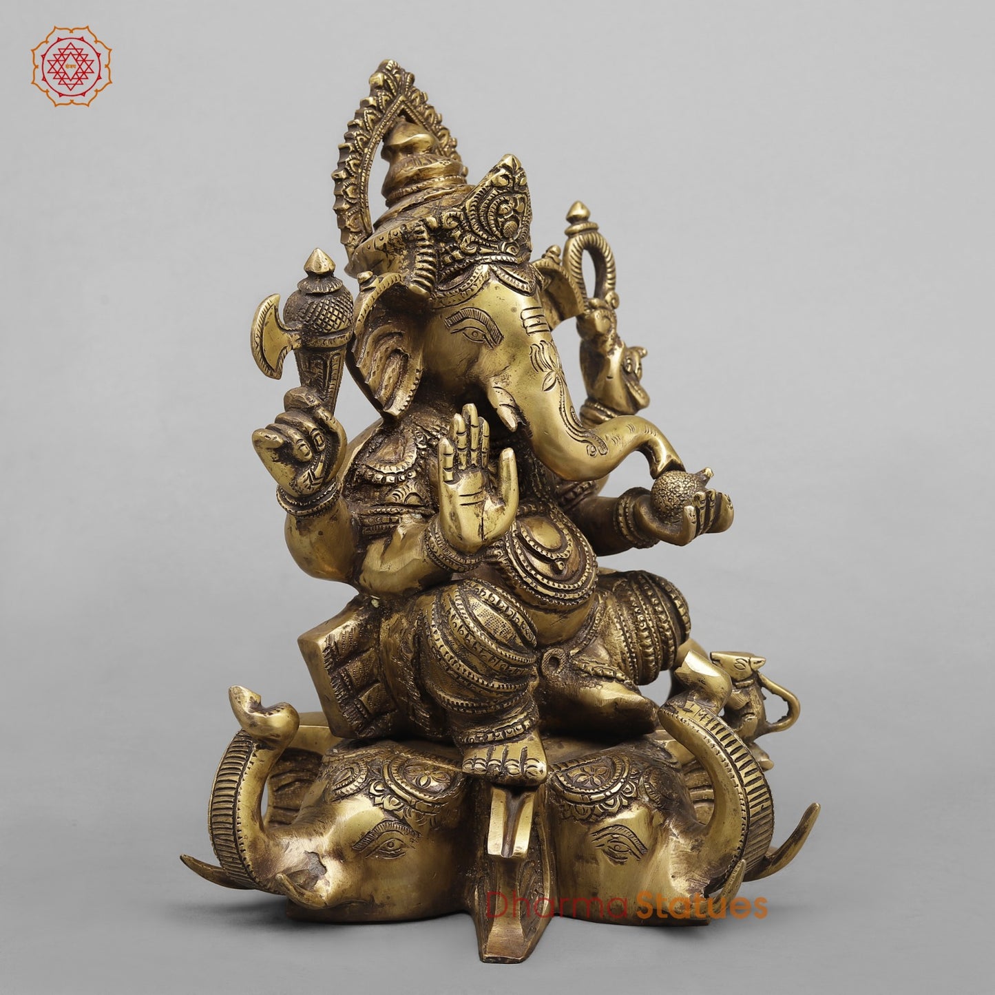 Brass Ganesh Seated on Elephants Fine, Antique Finish 13”