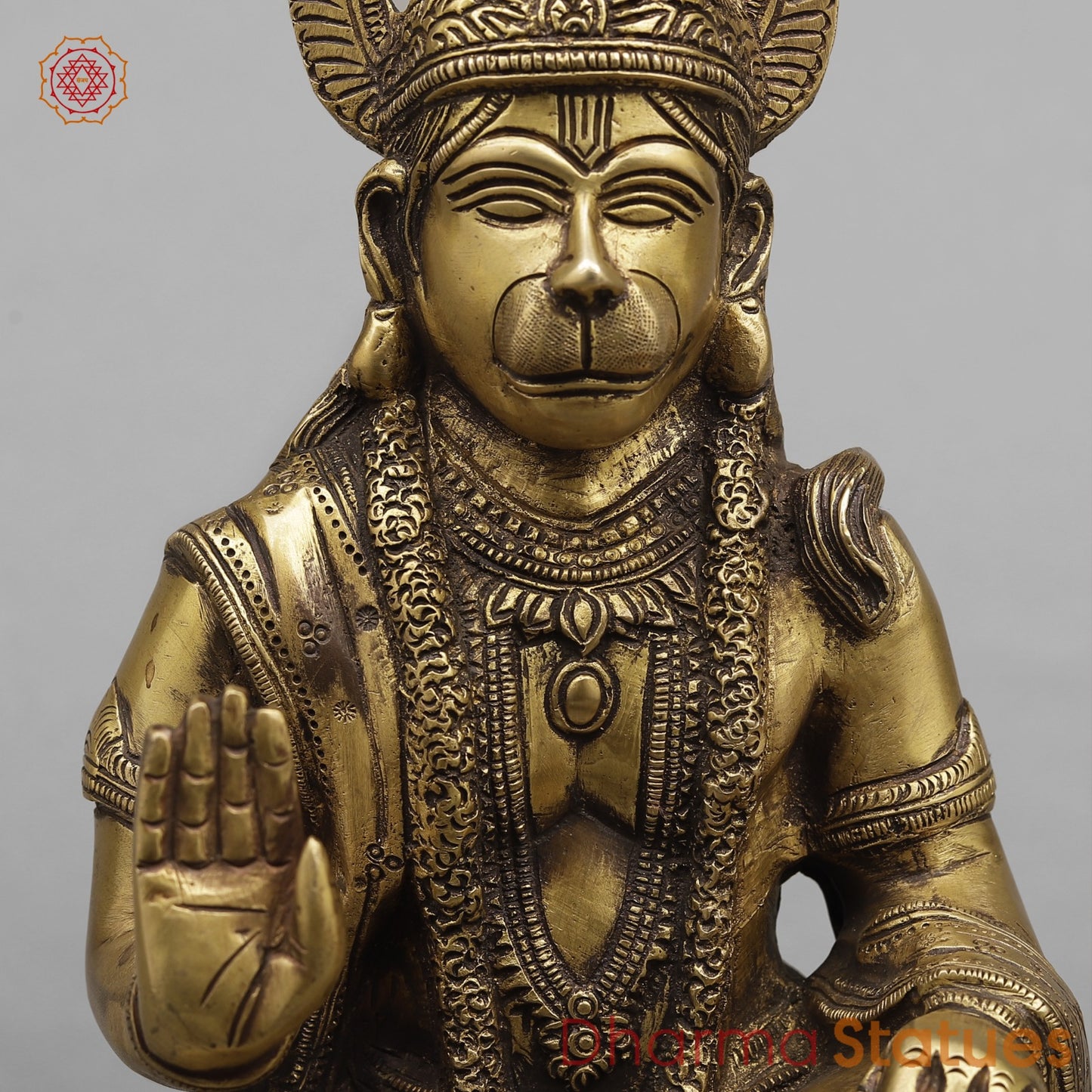 Brass Hanuman Ji seated In blessing posture, Antique Finish 12.5”