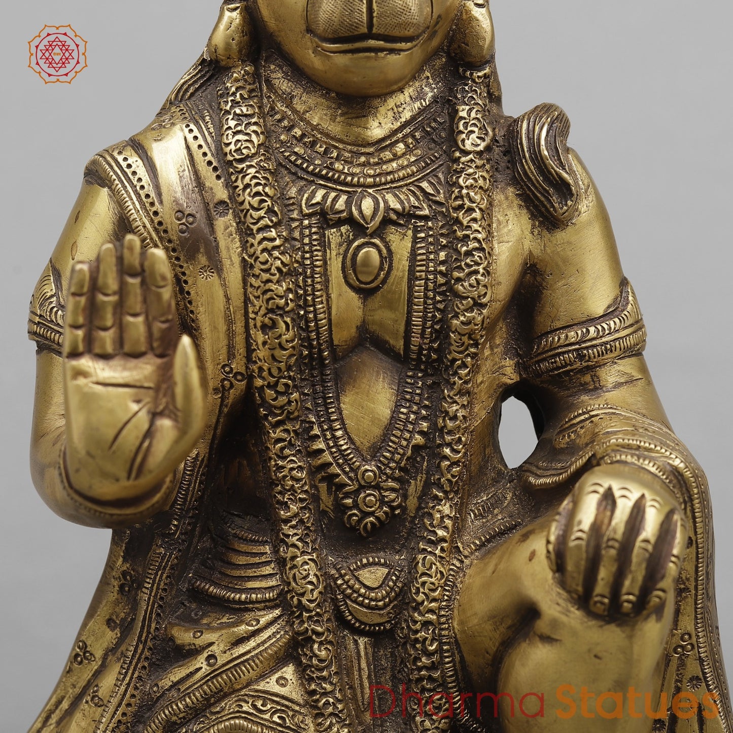 Brass Hanuman Ji seated In blessing posture, Antique Finish 12.5”