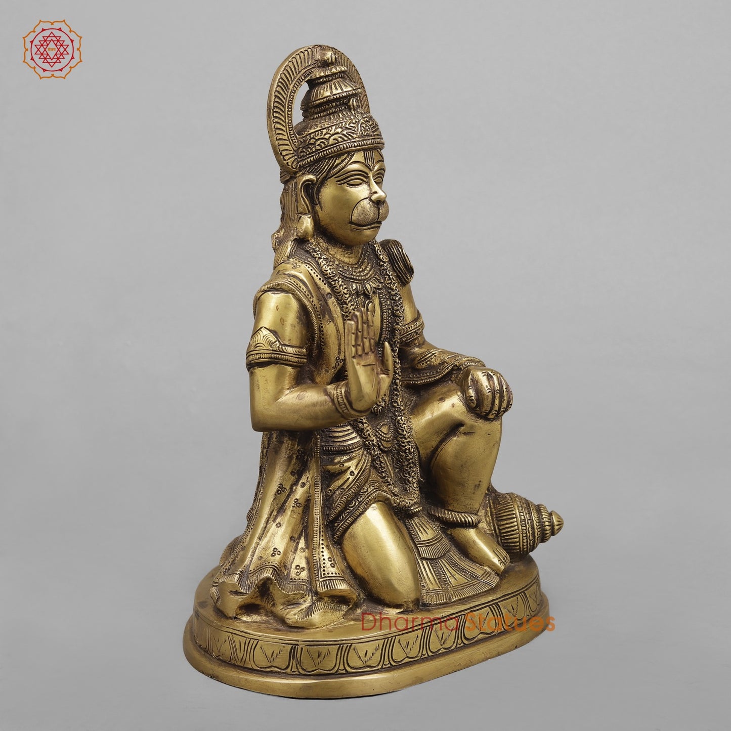 Brass Hanuman Ji seated In blessing posture, Antique Finish 12.5”