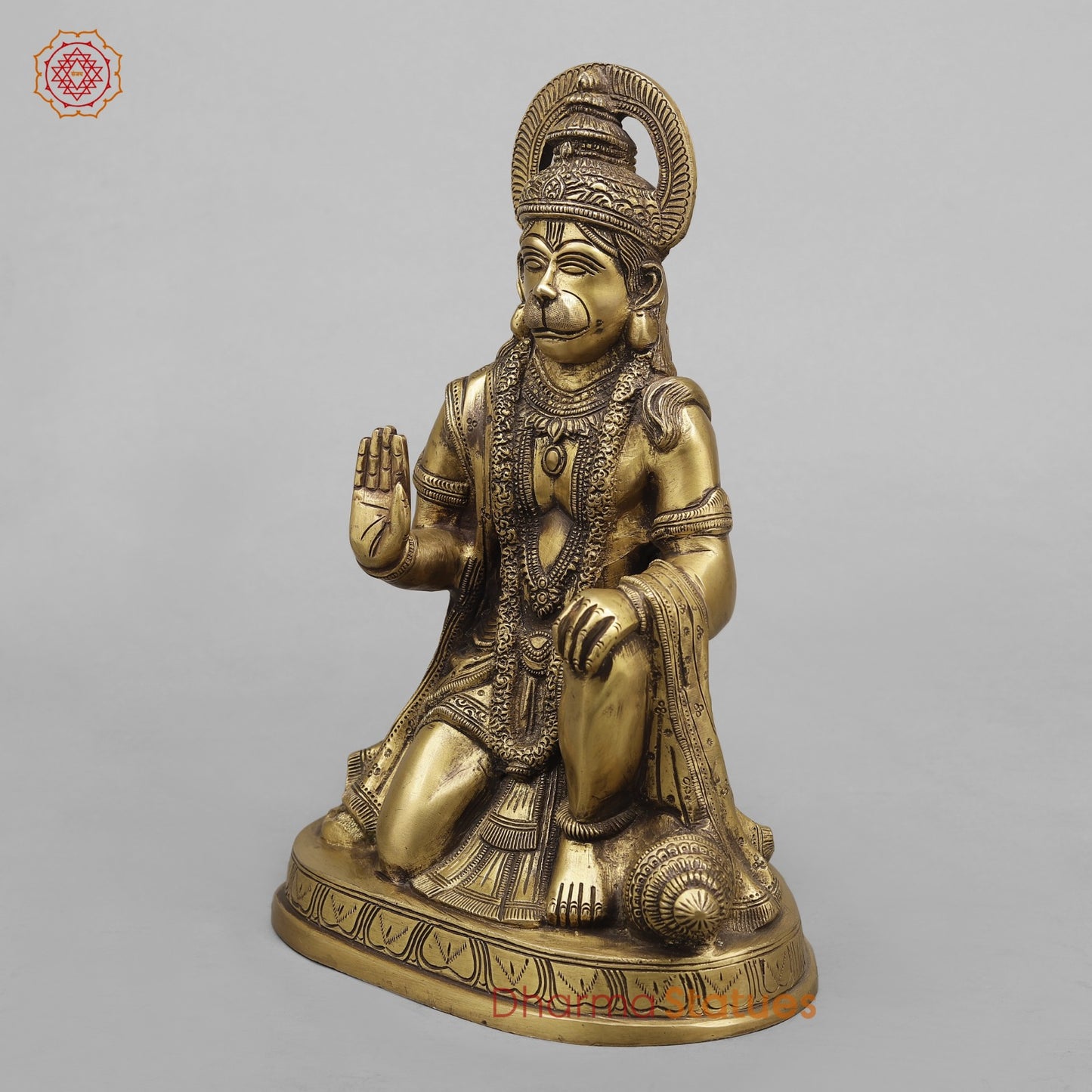 Brass Hanuman Ji seated In blessing posture, Antique Finish 12.5”