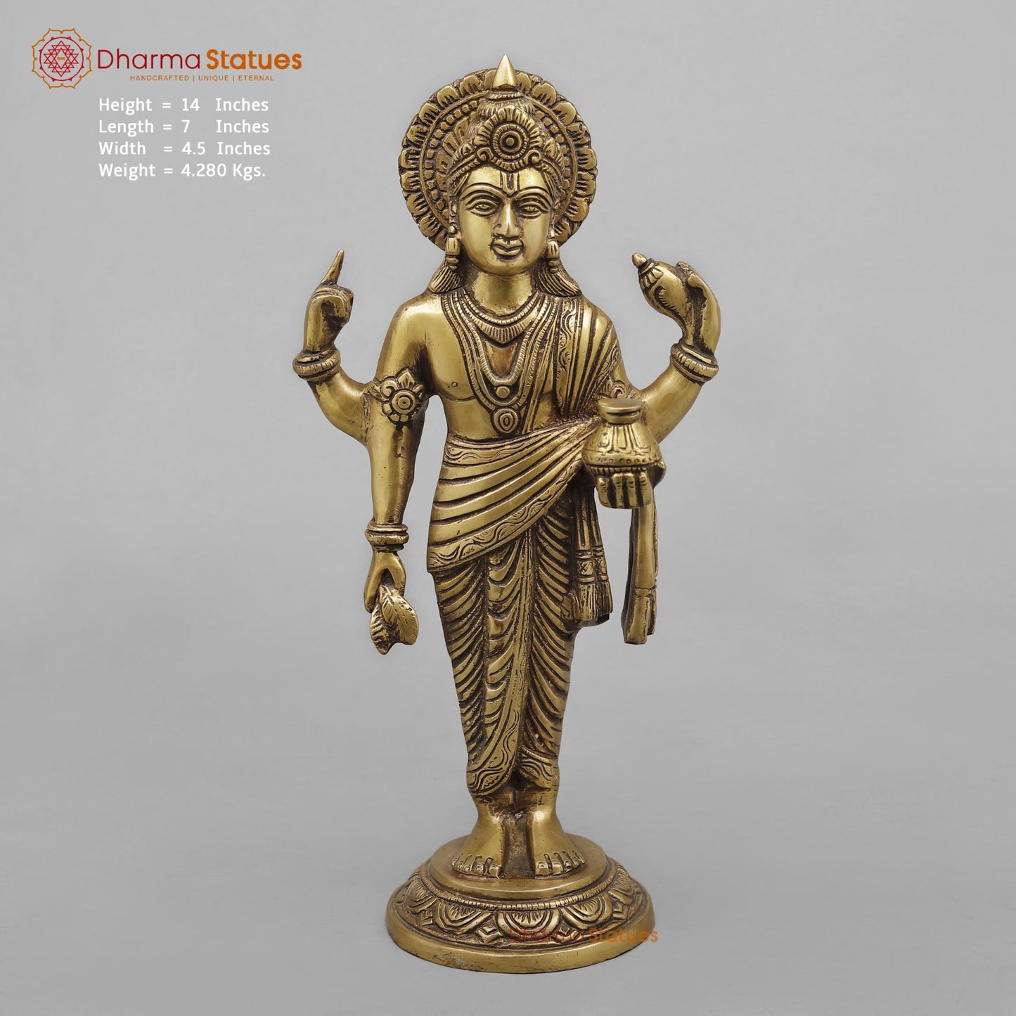 Brass Dhanwantri Standing , Antique Finish 14”