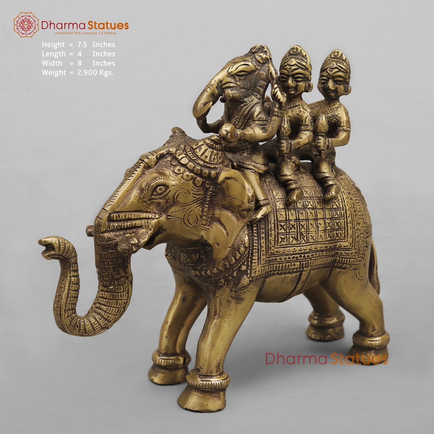 Brass Ganesh And Ridhi Sidhi on Elephant, Antique Finish 7.5”