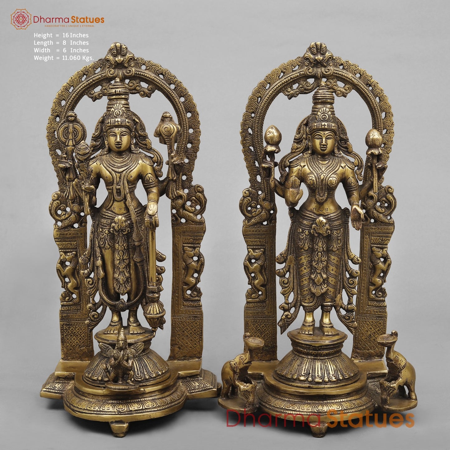 Brass Vishnu And Lakshmi Standing In arch Fine, Antique Finish 16”