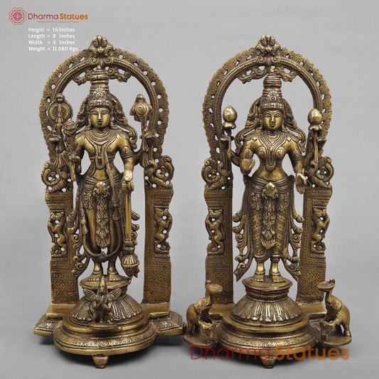 Brass Vishnu And Lakshmi Standing In arch Fine, Antique Finish 16”
