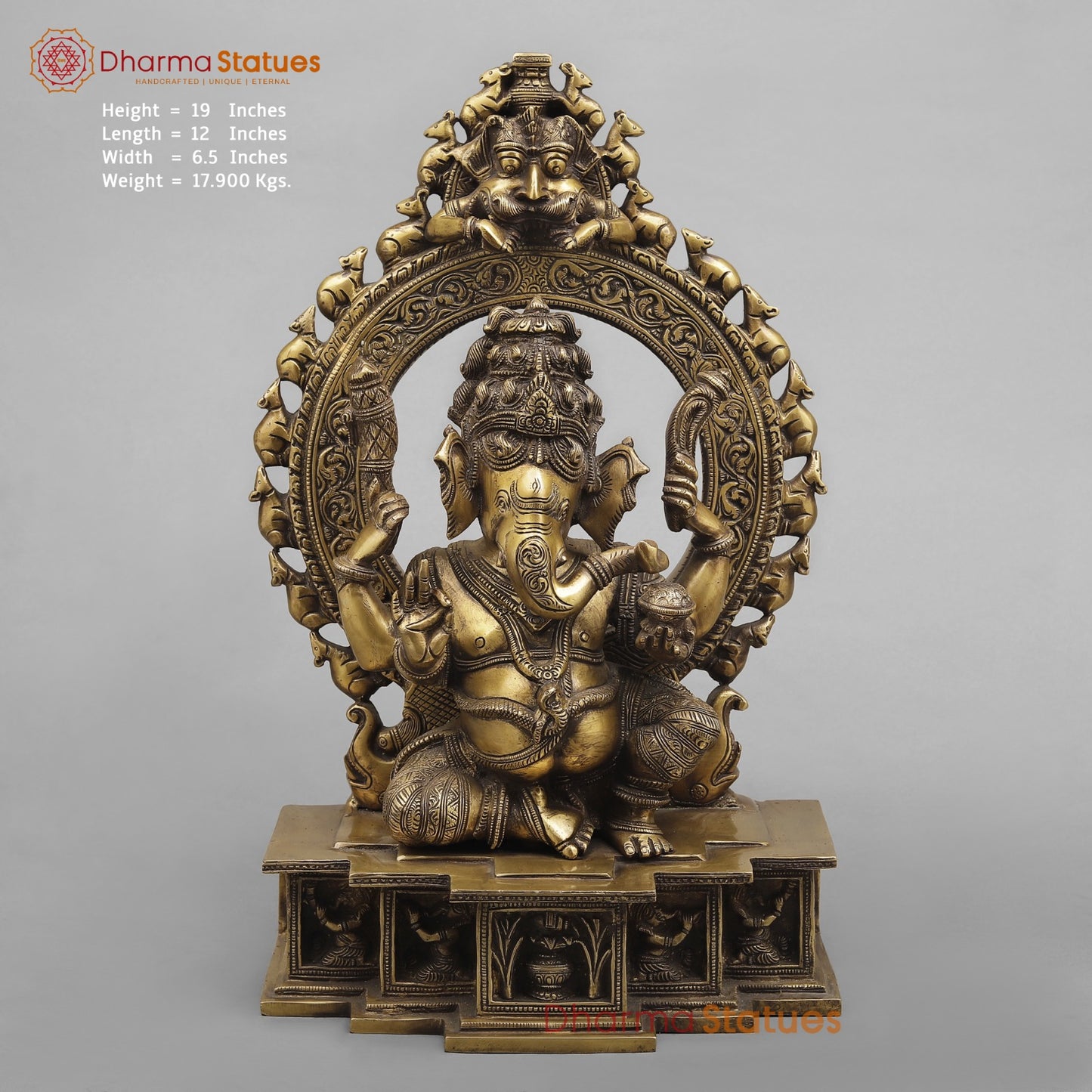 Brass Ganesh With Arch Fine, Antique Finish 19”
