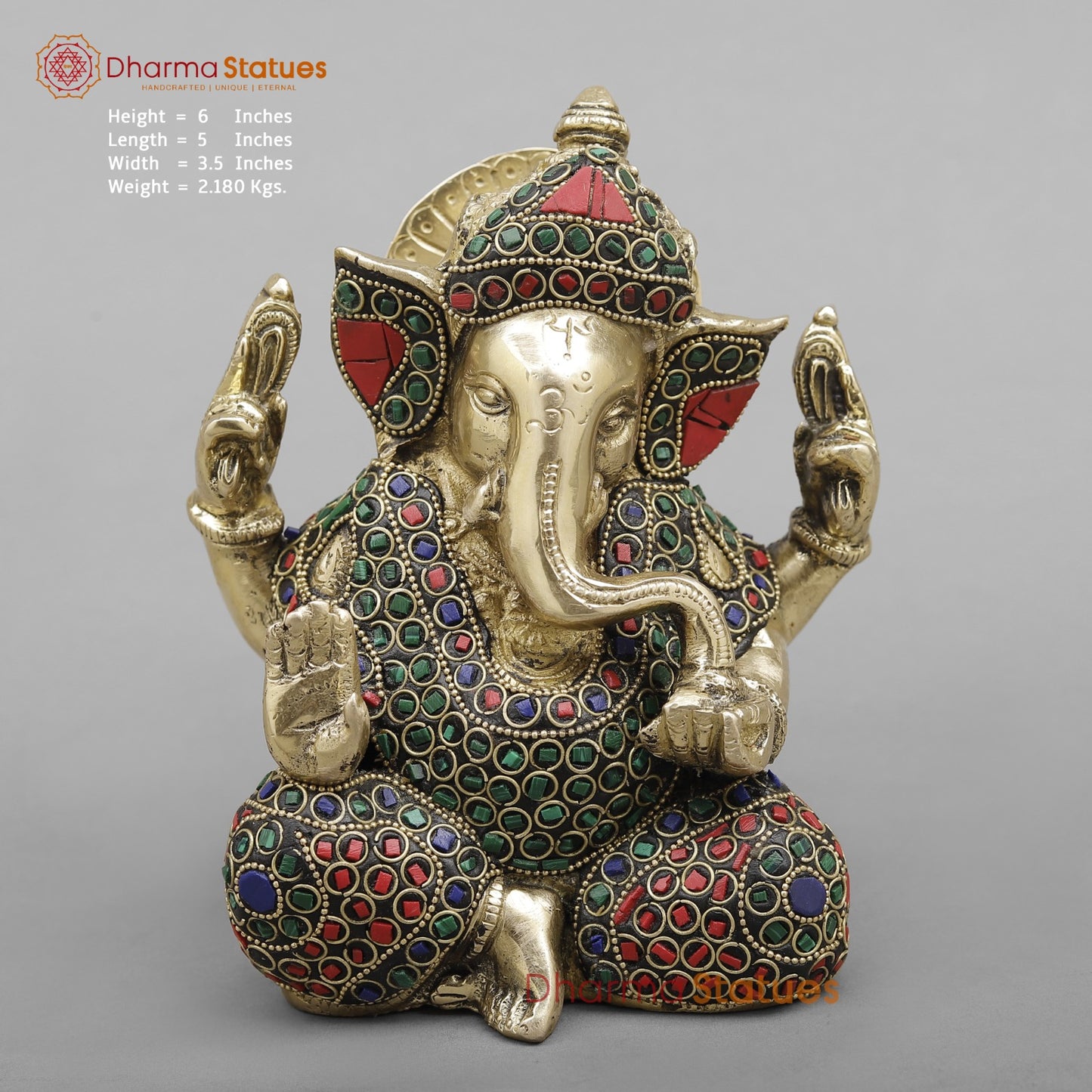 Brass Crown Ganesh Fine, Stone Work 6”