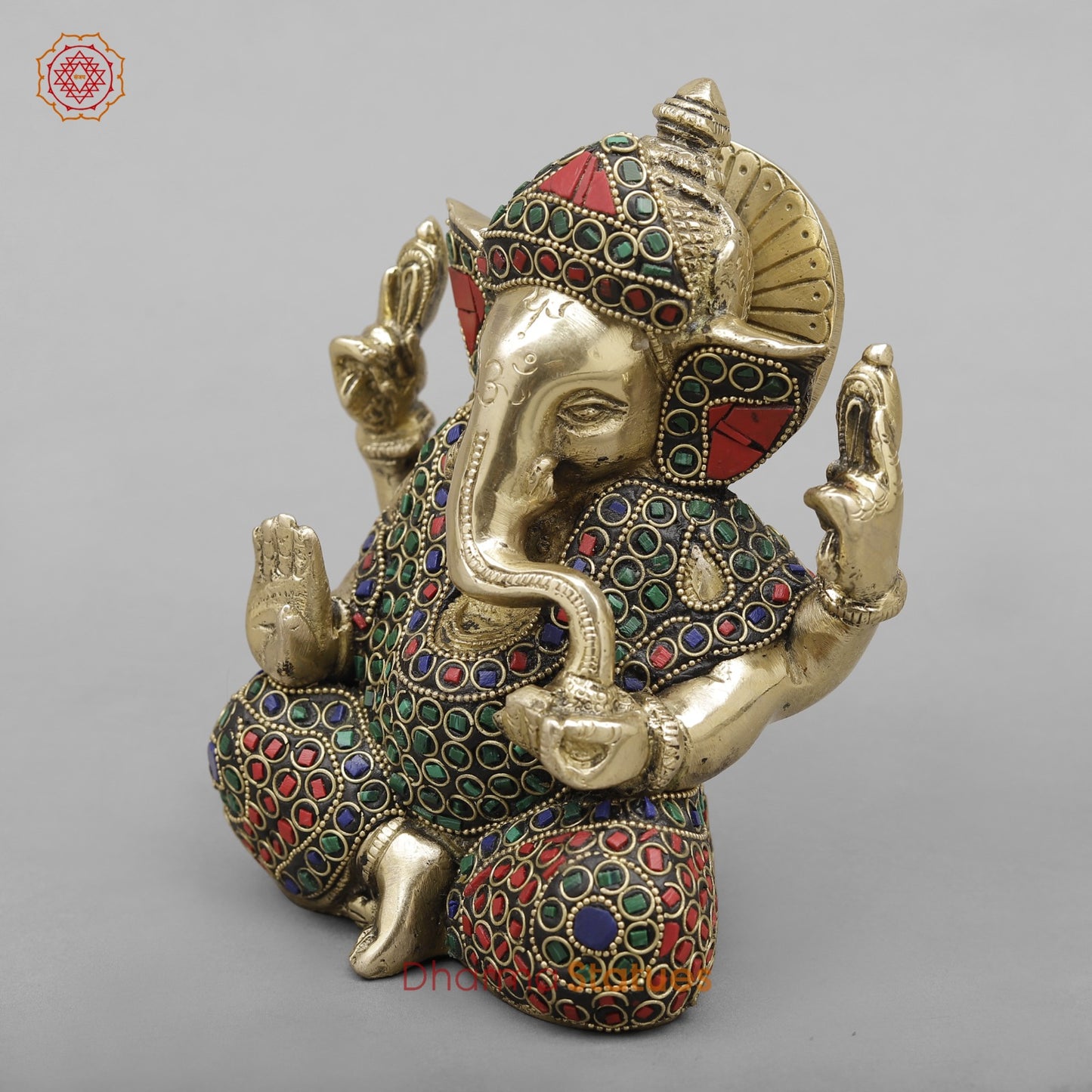 Brass Crown Ganesh Fine, Stone Work 6”