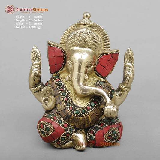 Brass Crown Ganesh Fine, Stone Work 5”