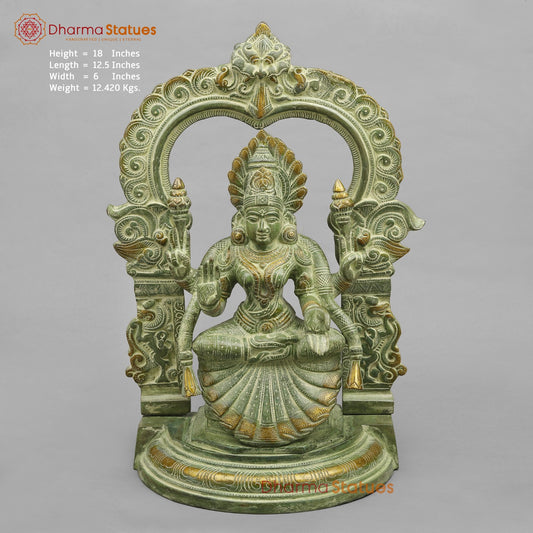 Brass Lakshmi (Padmavati) Seated With Arch, Green Patina Finish 18”