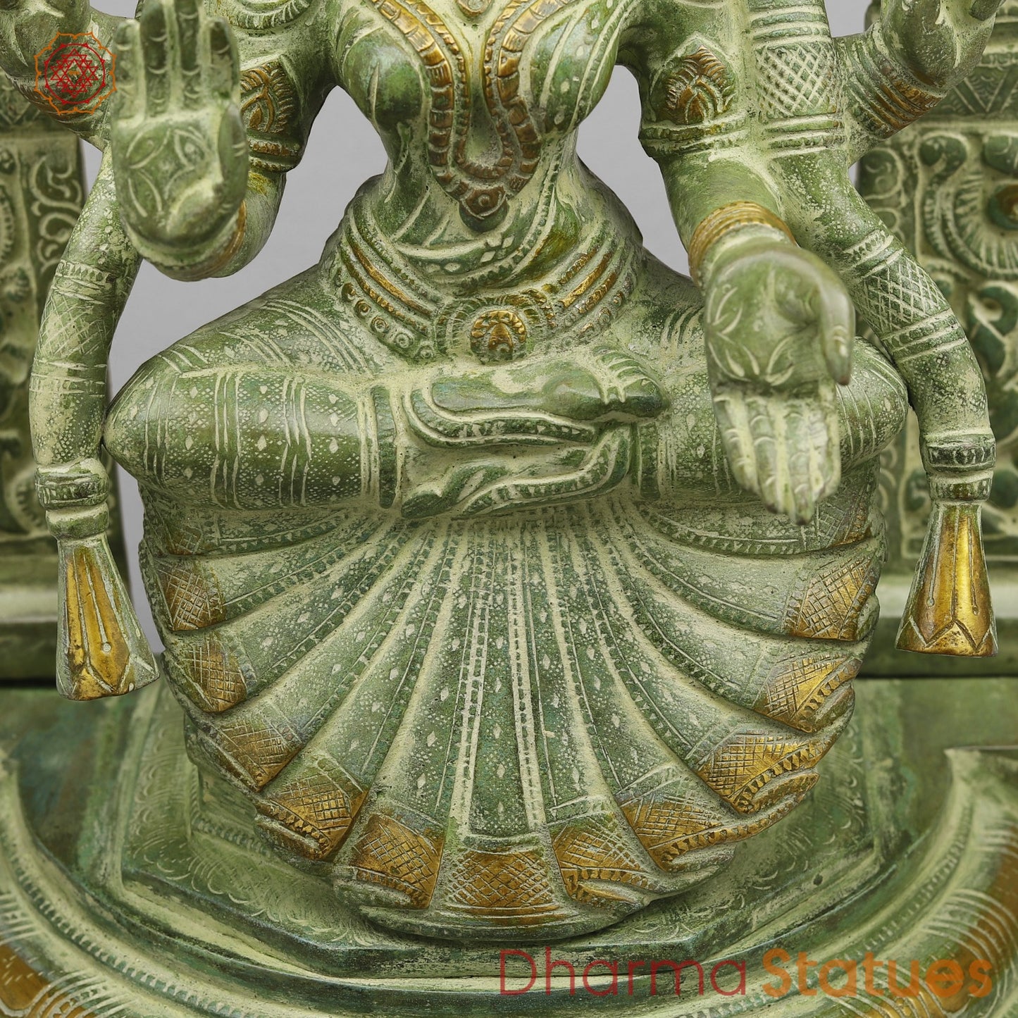 Brass Lakshmi (Padmavati) Seated With Arch, Green Patina Finish 18”