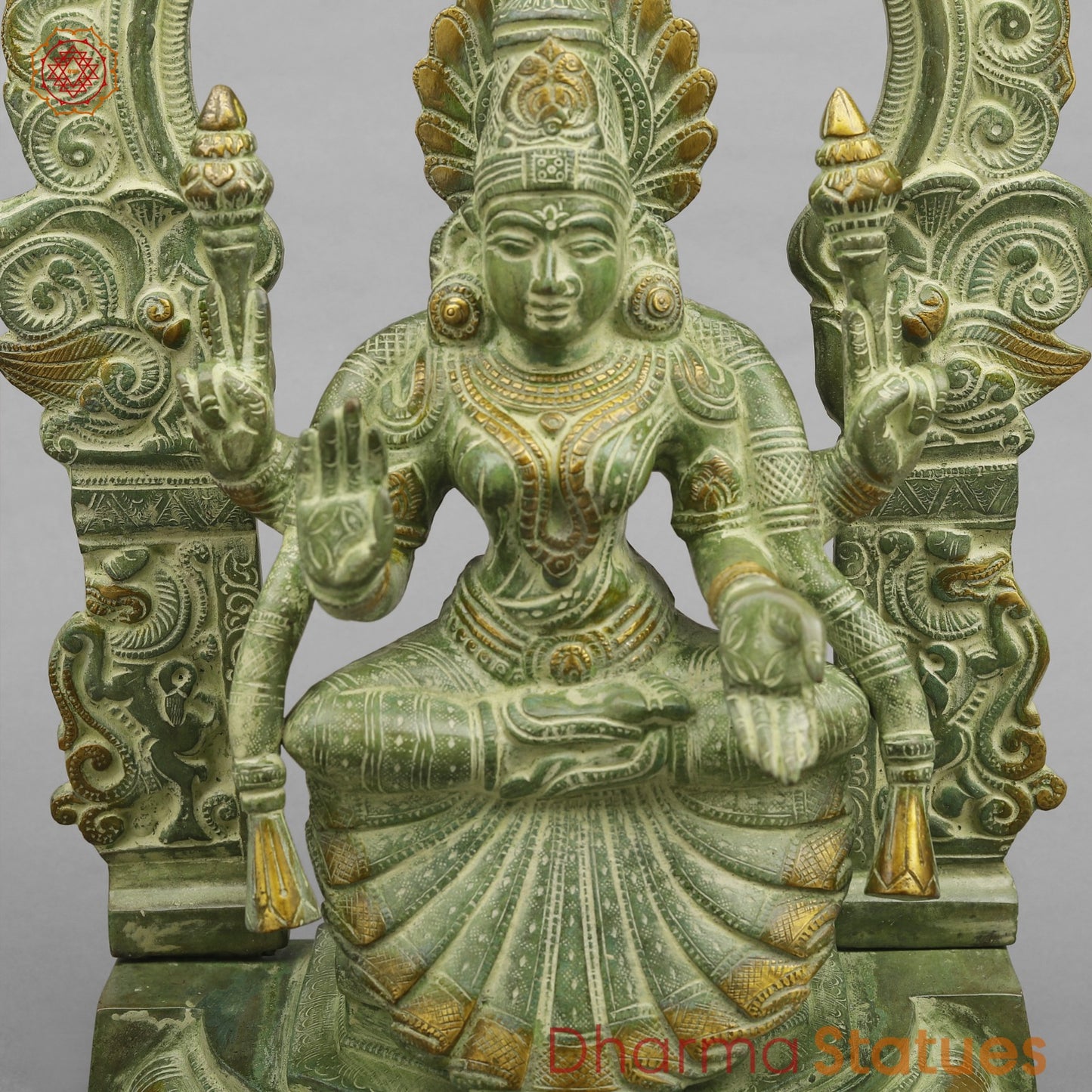 Brass Lakshmi (Padmavati) Seated With Arch, Green Patina Finish 18”