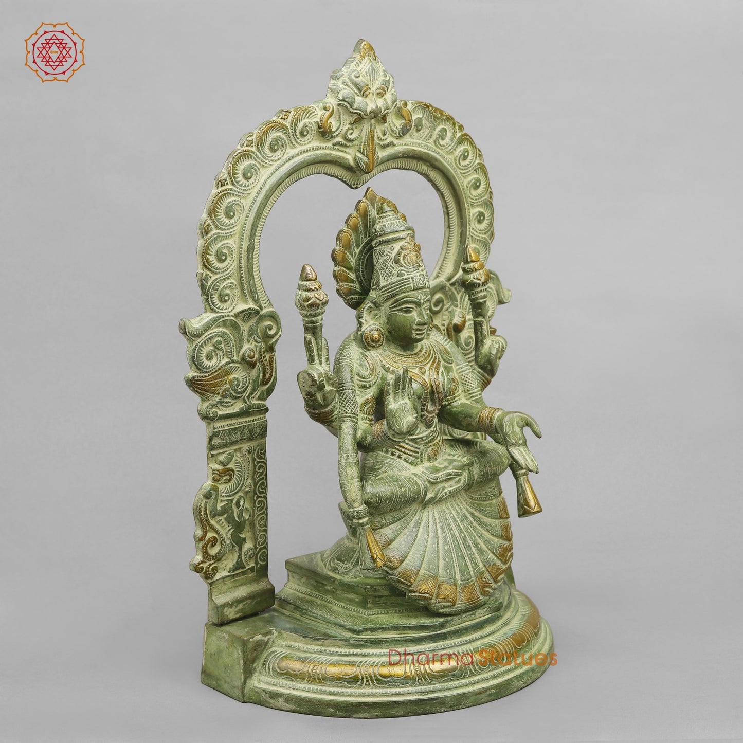 Brass Lakshmi (Padmavati) Seated With Arch, Green Patina Finish 18”