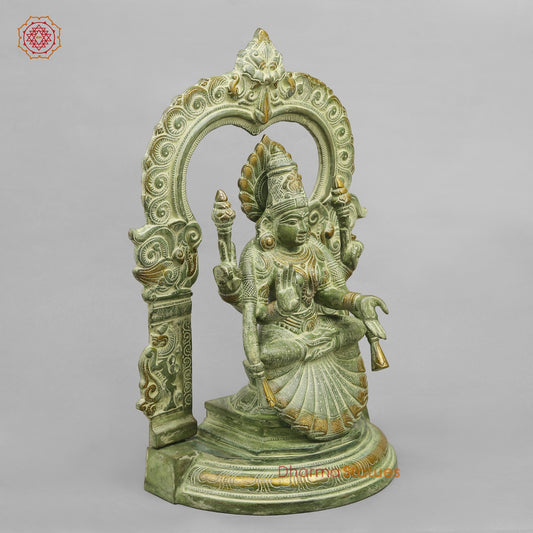 Brass Lakshmi (Padmavati) Seated With Arch, Green Patina Finish 18”
