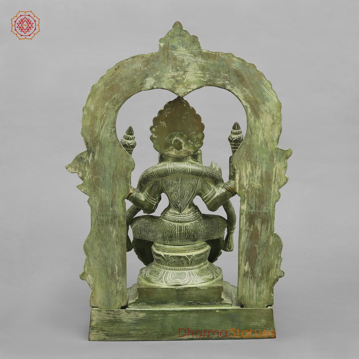 Brass Lakshmi (Padmavati) Seated With Arch, Green Patina Finish 18”
