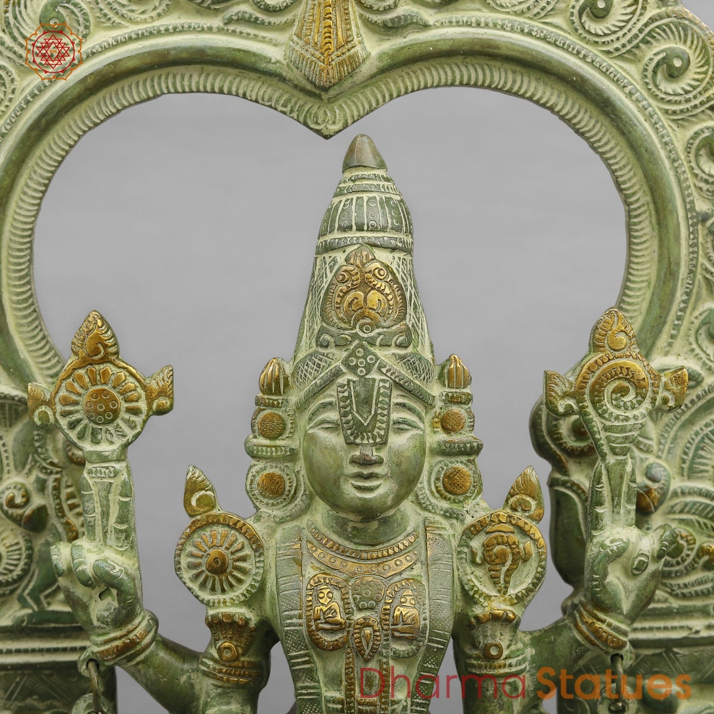 Brass Tirupati Balaji With Arch, Green Patina Finish 22”