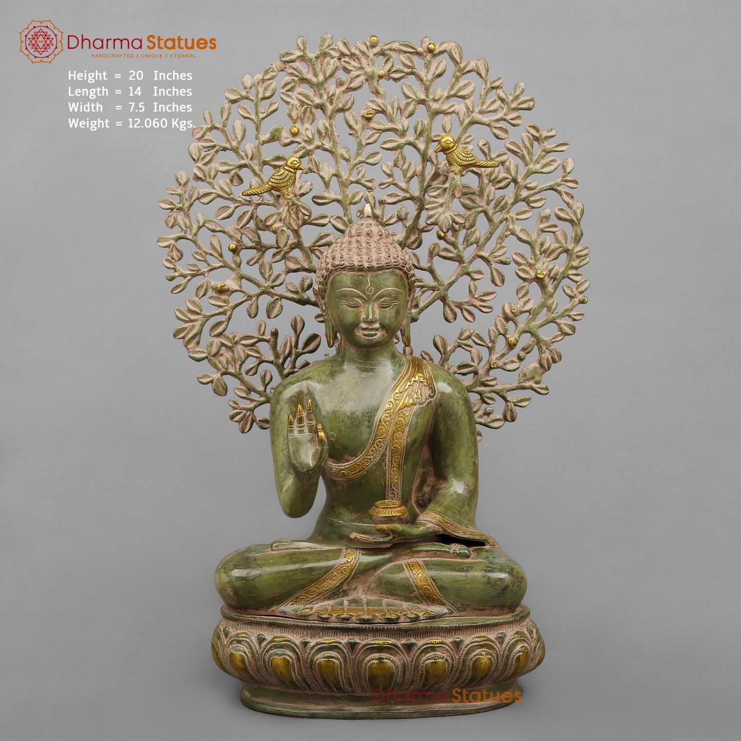 Brass Tree Buddha Fine, Natural Green Patina Finish 20”