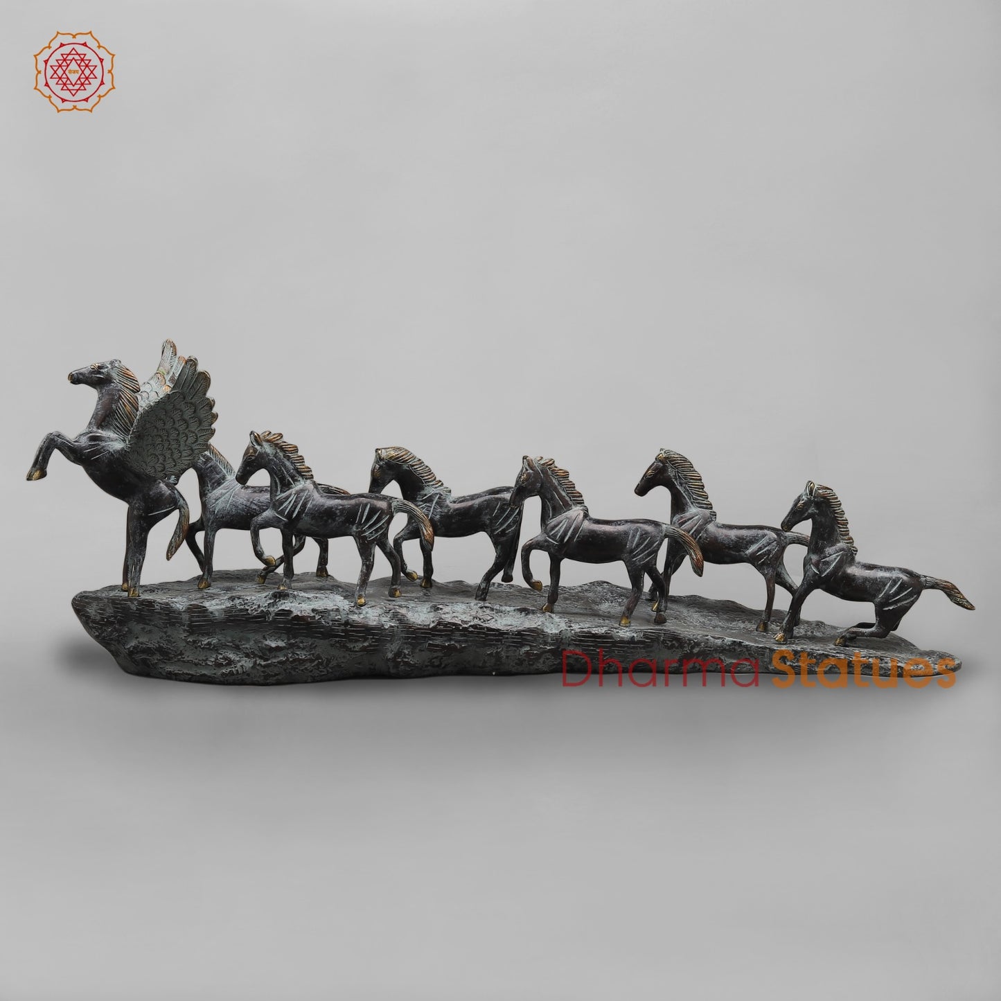 Brass Lucky 7 Horses Fine , Antique Turquoise Finish 34” (Vastu Approved)