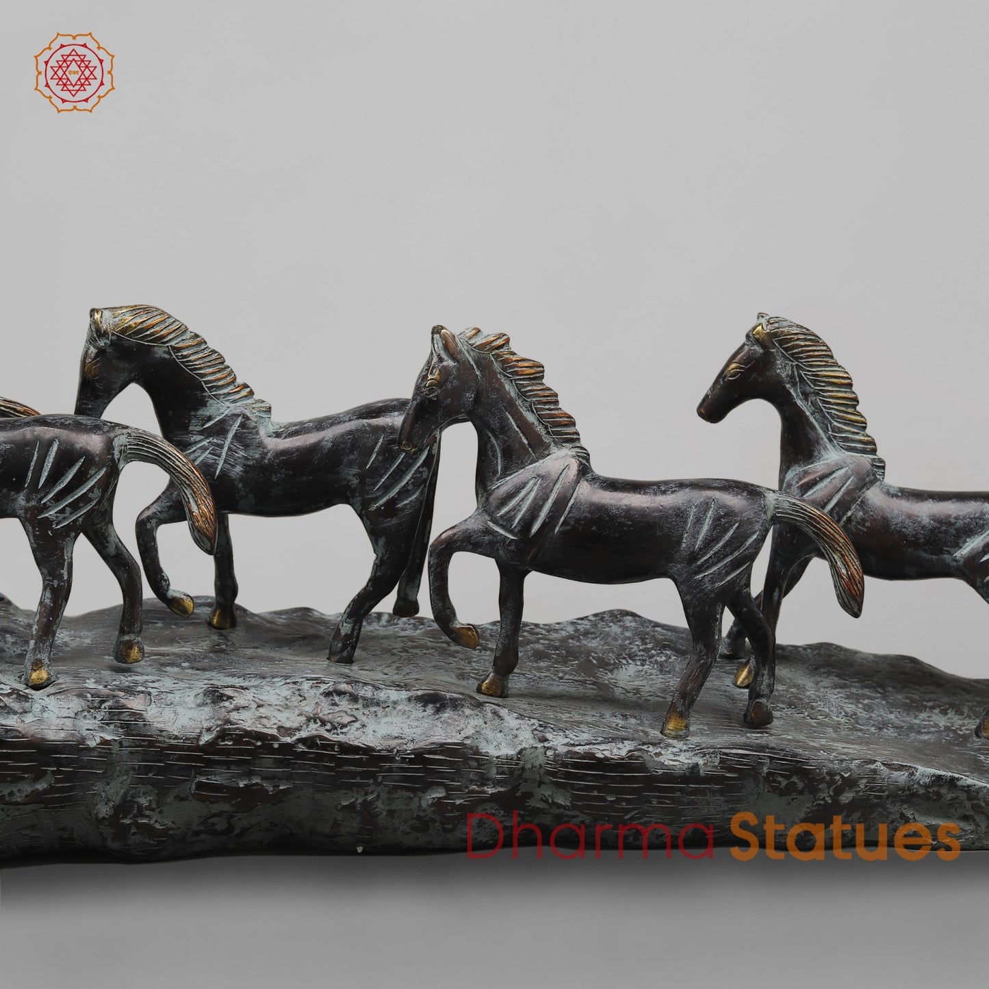 Brass Lucky 7 Horses Fine , Antique Turquoise Finish 34” (Vastu Approved)