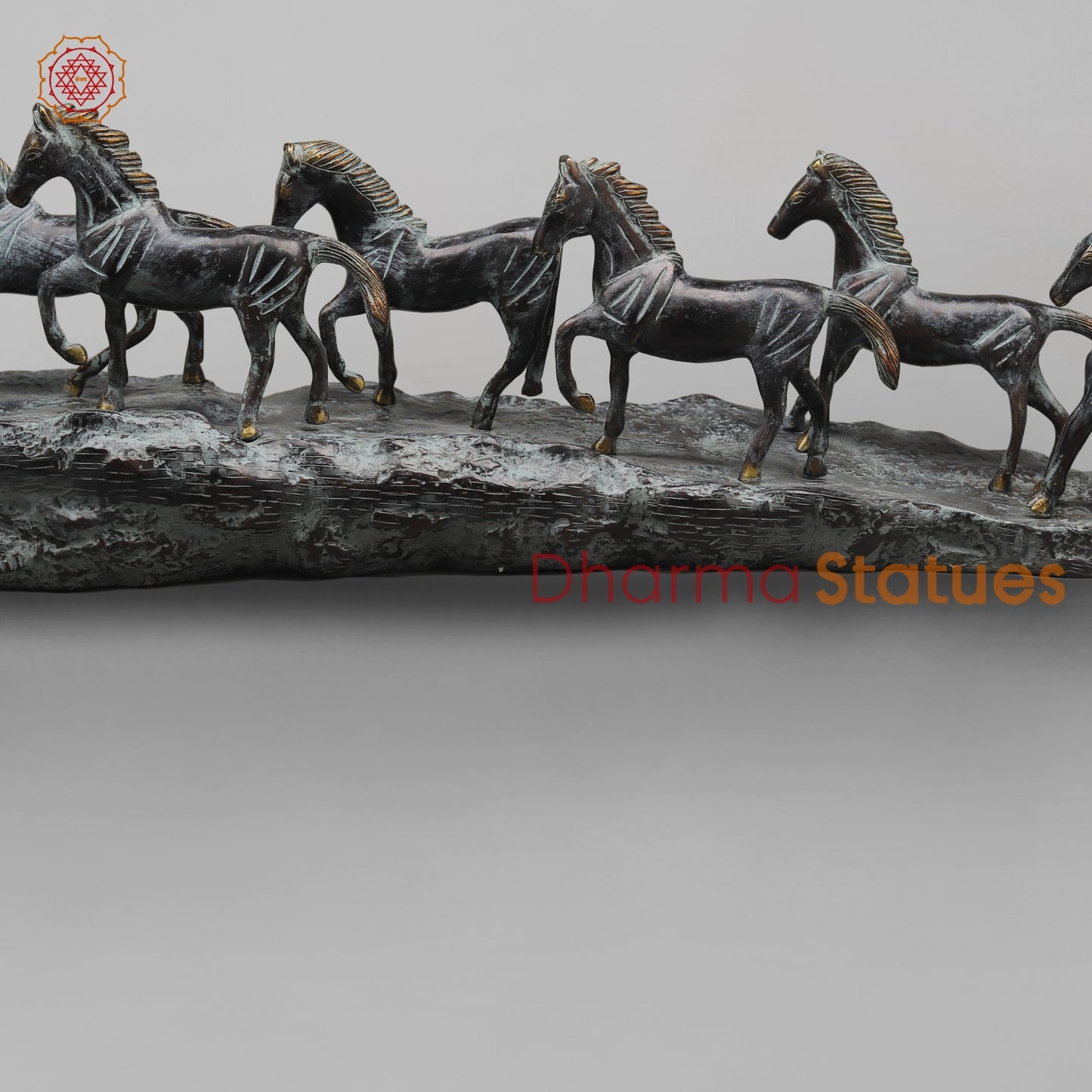 Brass Lucky 7 Horses Fine , Antique Turquoise Finish 34” (Vastu Approved)