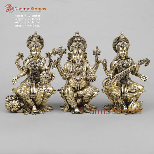 Brass Lakshmi Ganesh Saraswati Seated Fine 10”