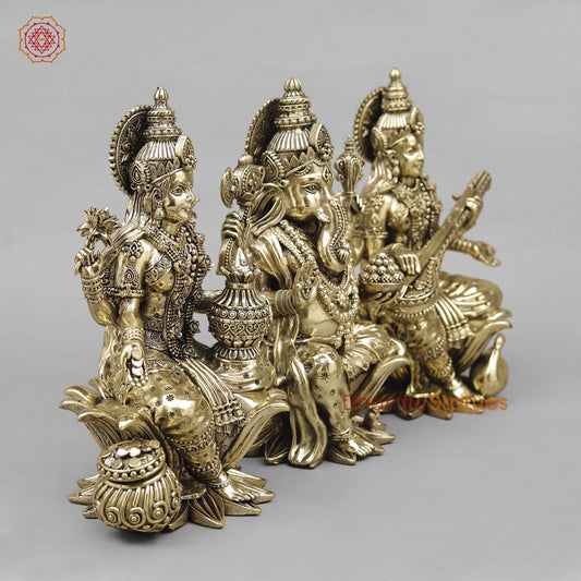 Brass Lakshmi Ganesh Saraswati Seated Fine 10”